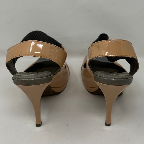 BCBG MaxAzria Tan Patent Leather Peep Toe Elastic Strap Heels - Picture 5 of 6